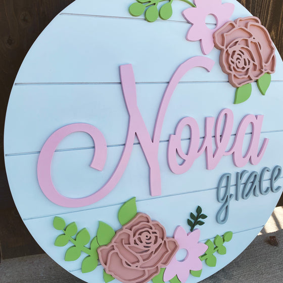 Custom Baby Name Sign Nursery Name Sign Baby Girl Sign Flower Nursery Sign Round Name Sign - Roses and Vines