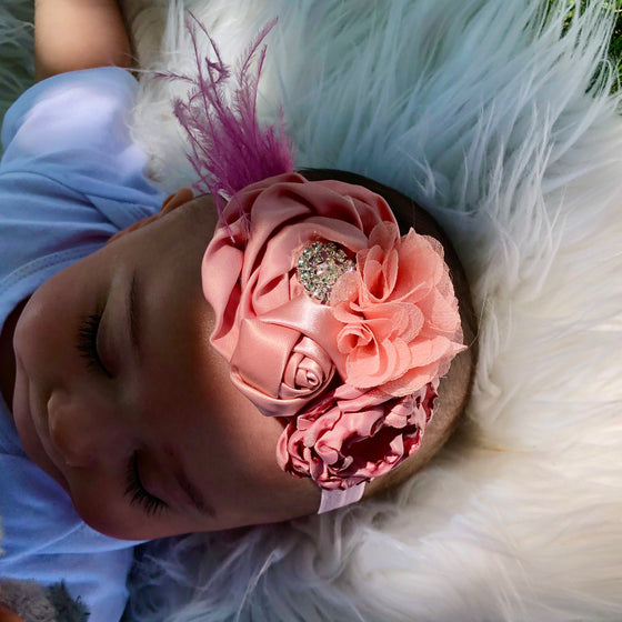 Satin Vintage Flower Headband, Pearls and Rhinestones in Rose Pink